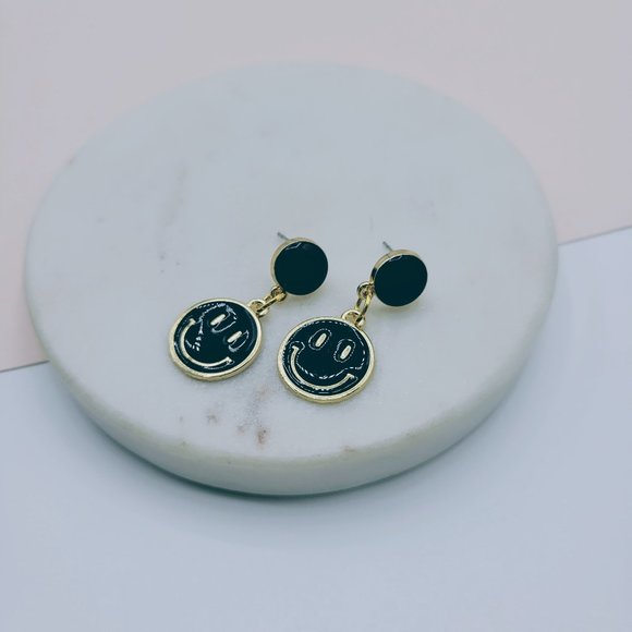 Black Smiley Face Happy Face Earrings - Picture 4 of 5